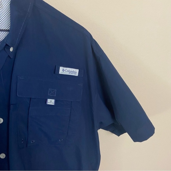 COLUMBIA PFG | Navy Blue Button Down Short Sleeve Fishing Shirt Size Large - Picture 3 of 10